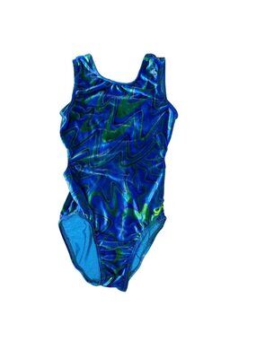 GK Velvet Leotard Gymnastics Blue Green Swirl Size Child Large